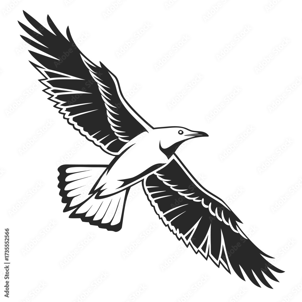 Obraz premium Black and white illustration of a bird of prey in flight with wings spread wide on a white background