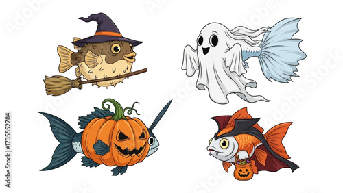 Halloween Aquatic Costumes: A collection of whimsical underwater creatures, each adorned in creative Halloween costumes, creating a festive atmosphere, showcasing the fusion of spooky and marine life.