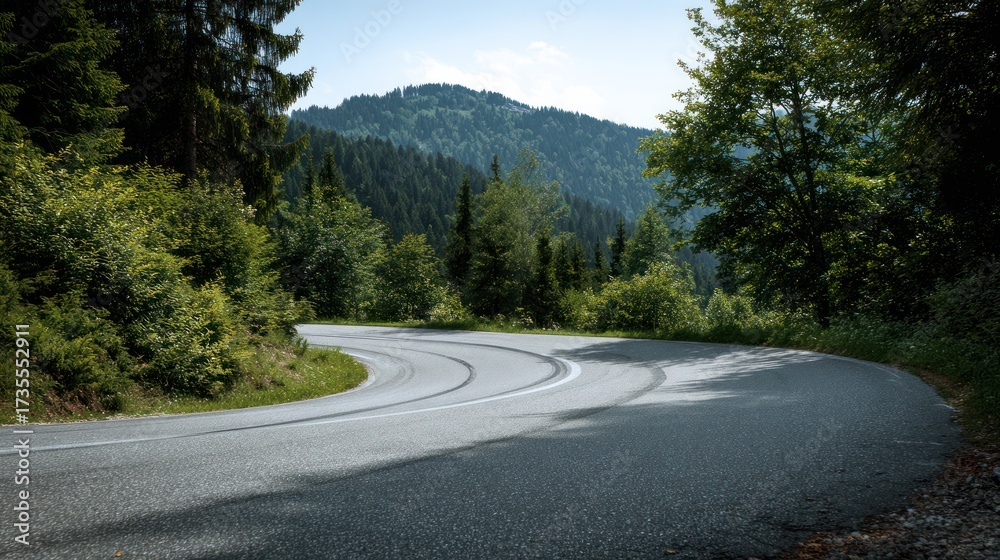 Fototapeta premium Serene Winding Road Through Lush Green Forest Landscape in Mountains