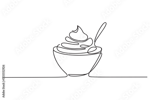 Whipped cream in a bowl in continuous one line art style. Simple vector illustration. one line Icon drawing with white background