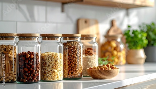 A variety of dry food ingredients neatly arranged in glass jars on a kitchen counter, showcasing healthy pantry staples