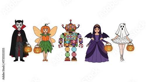 Whimsical Halloween characters: A charming illustration of diverse characters, each dressed in playful and festive Halloween costumes, carrying lanterns, radiating the joy of the holiday season.