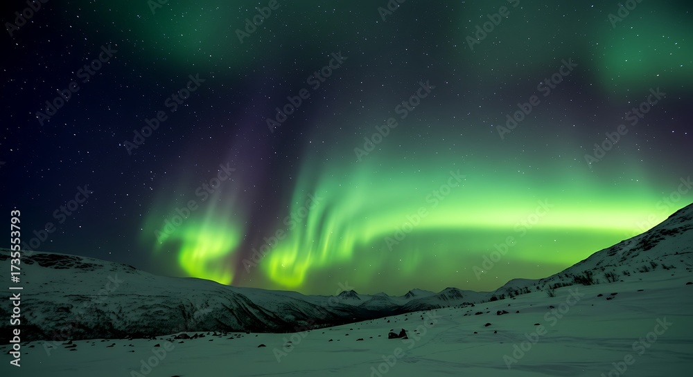 Naklejka premium Vibrant aurora borealis lights dancing over snowy mountains at night