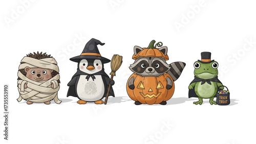Halloween Animal Friends: A delightful illustration of various animals in charming Halloween costumes, radiating the spirit of the festive season. 