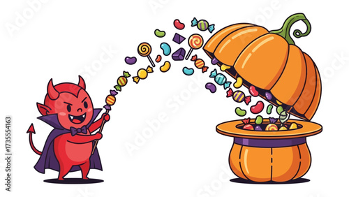 Spooky treats with Devil: A vibrant illustration portrays a cheerful little devil conjuring a sweet treat from a pumpkin. This playful and eye-catching artwork, perfect for celebrating Halloween