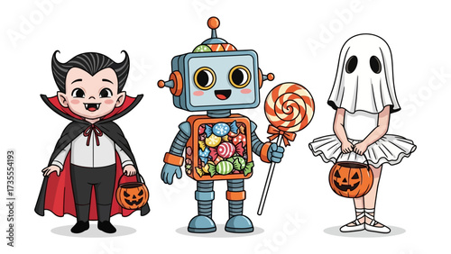 Spooky Costume Parade: A whimsical illustration featuring three children in festive Halloween costumes – a charming vampire, a futuristic robot, and an ethereal ghost.