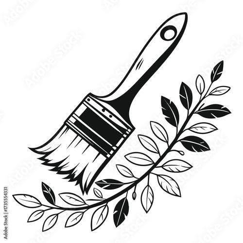 Black and white illustration of a paint brush with a decorative leafy branch on a white background