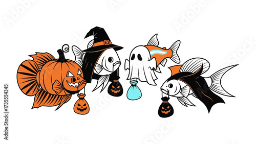 Spooky Halloween Fish Parade: Four whimsical fish dressed in Halloween costumes parade with treats and decorations, capturing the festive spirit and joy of the holiday.