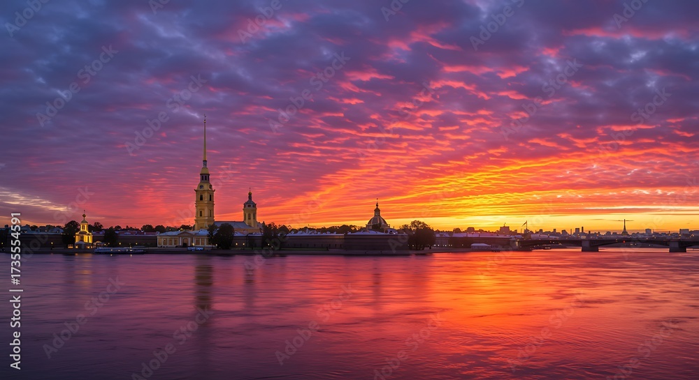 Fototapeta premium Sunset over cityscape with colorful sky and water reflection