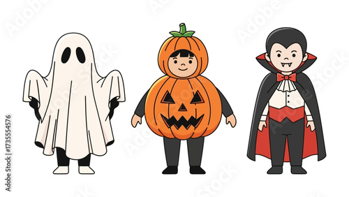 Halloween Costumes: A trio of whimsical figures, each embodying a Halloween icon—a spectral ghost, a jovial pumpkin, and a dapper vampire—bring festive fun and fright to life.