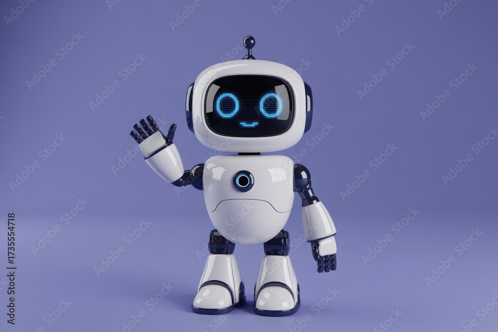 Naklejka premium Cute white robot waving hello a friendly artificial intelligence concept isolated