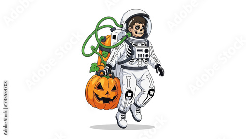 Astronaut with Pumpkin: A Halloween illustration of an astronaut, with an orange pumpkin in hand and a jack-o'-lantern-themed jetpack, ready for a spooky adventure!