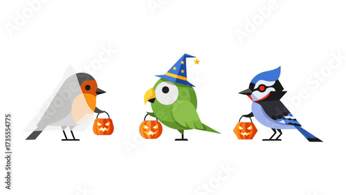 Halloween Bird Party: Three adorable birds dressed in festive Halloween costumes, each carrying a jack-o'-lantern treat bucket, ready for a night of spooky fun.