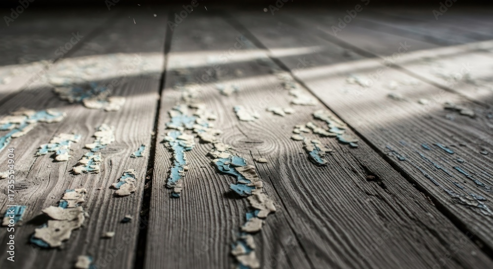 Fototapeta premium Old wooden floor with peeling blue paint, angled sunlight