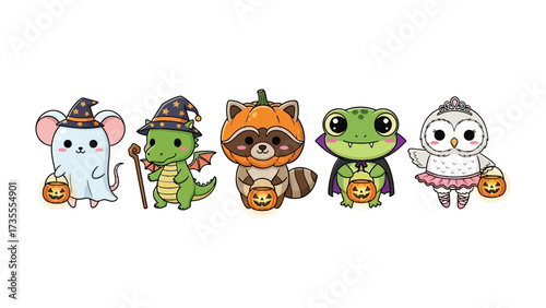 Whimsical Halloween Friends: A charming array of adorable animal characters in festive Halloween costumes, each clutching a trick-or-treat pumpkin bucket.