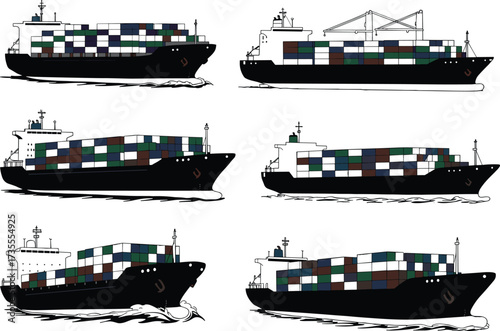 Container cargo ships silhouette set, maritime transport vessels, global shipping logistics, freight boats in ocean, export import industry illustration