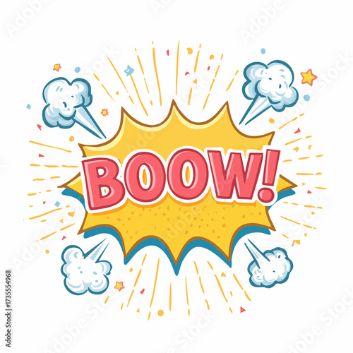 Comic boom cartoon effect line element set. Comic speech bubble pow, boom text, explosive splash smoke, wow cartoon vector icon. 
