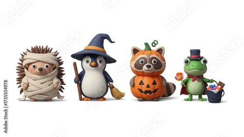 Halloween Costume Parade: A quartet of adorable characters, a hedgehog in mummy attire, a penguin as a witch, a raccoon as a pumpkin, and a frog in festive apparel, are set against a clean background.