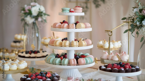 Wallpaper Mural Elegant dessert table with white three-tier stand, French macarons in pastel colors, mini tarts, chocolate truffles, fresh berries, gold accents, soft focus background, bridal shower aesthetic Torontodigital.ca