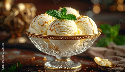 Decadent Ice Cream Delight A Close-Up of Vanilla Scoops, Caramel Drizzle, and Fresh Mint
