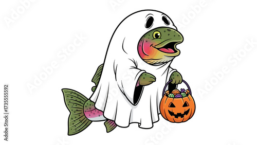 Spooky Trout: An illustration featuring a trout playfully dressed as a ghost, complete with a candy basket. Embracing Halloween spirit.