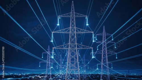 Electricity pylons with glowing lines power grid infrastructure energy concept