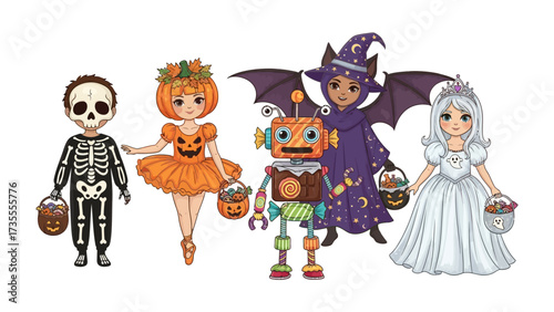 Halloween costumes, festive and fun: A group of charming children in a diverse array of Halloween costumes stand side-by-side with playful energy. Each costume exudes creativity.