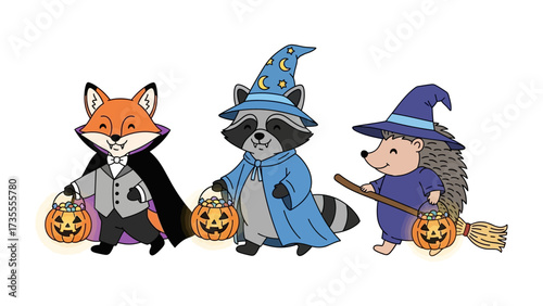 Whimsical Halloween Parade: Adorable woodland creatures in vibrant costumes march, carrying jack-o'-lanterns, ready for a night of spooky fun.