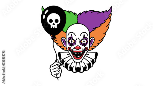 Creepy Clown Holding Balloon: A sinister clown with menacing eyes and a black balloon holding a skull, the clown embodies the sinister atmosphere of Halloween.