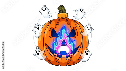 Haunted Pumpkin and Spectral Spectacle: A vibrantly illustrated pumpkin lantern, complete with ominous flames, surrounded by friendly, ethereal ghosts.
