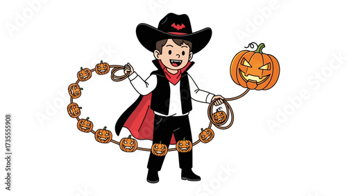 Spooky Halloween Cowboy: A playful illustration features a costumed figure with a cowboy hat, cape, and a ring of mini pumpkins holding the big pumpkin.