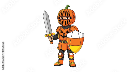 Pumpkin Knight: A valiant knight stands ready for adventure, his head transformed into a pumpkin, wielding a gleaming sword and candy corn shield, a whimsical embodiment of Halloween spirit.