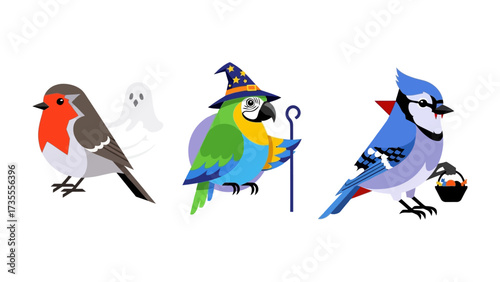 Whimsical Halloween Birds Illustration: A collection of charming illustrations of a Halloween robin, a ghostly apparition, a wizard parrot, and a blue jay, set against a clean canvas.