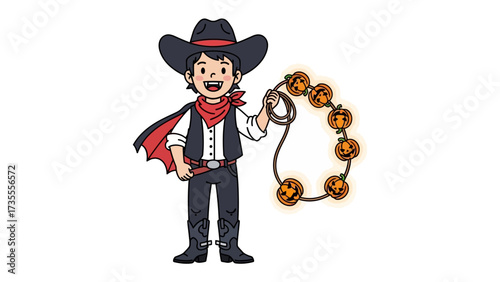 Cowboy with Halloween pumpkins: A smiling, animated figure in cowboy attire brandishes a lasso adorned with Halloween pumpkins, creating a cheerful visual, ideal for autumn festivities.