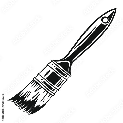 Black and white illustration of a paint brush with bristles and a handle on a white background Keywords: paint brush, paintbrush, art, artist, painting, drawing, tool, craft, DIY, home