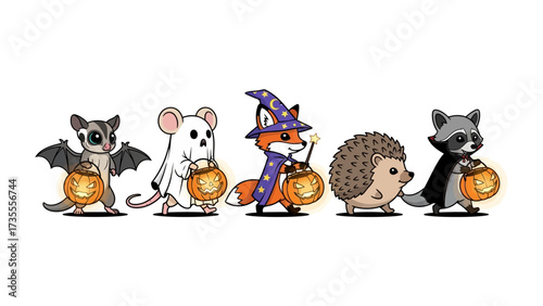Halloween Squad of Cute Characters: A charming illustration showcases a whimsical lineup of adorable animals, each dressed in festive Halloween costumes.