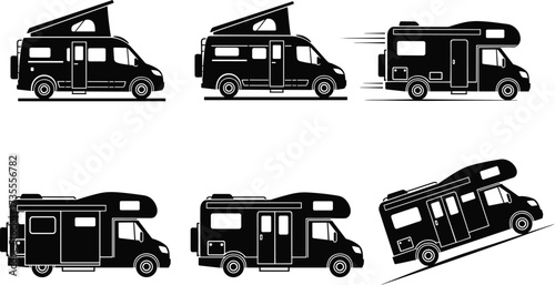 Camper van silhouette, RV icon set, pop-up roof vehicle, uphill drive, camping motion graphic, black travel van illustration
