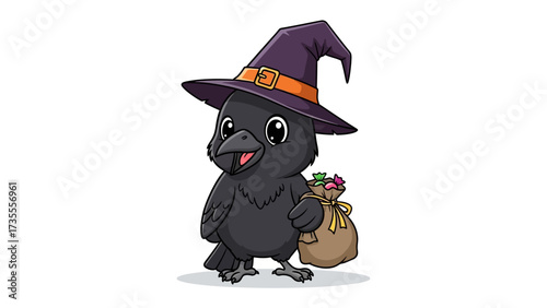 Halloween Raven with a Bag: A whimsical illustration showcasing a cute raven adorned in a witch's hat, clutching a bag filled with candies, creating a playful depiction of the Halloween season.