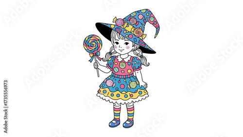 Sweet Witchling's Whimsical Charm: A cute witchling, adorned in a playful polka-dotted attire, holds a mesmerizing lollipop. Embracing innocence and the magic of Halloween.