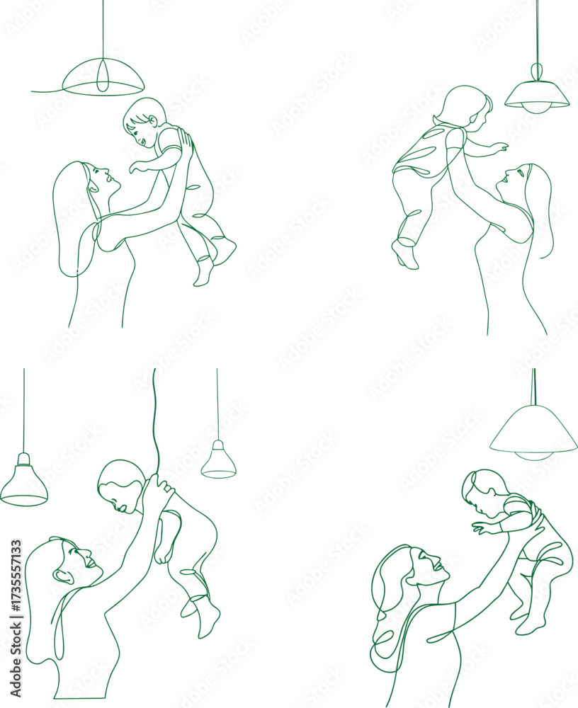Fototapeta premium Mother holding her baby up in the air under a light fixture Continuous line drawing