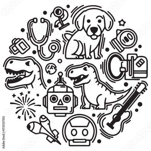 Black and White Circular Line Art Illustration of Diverse Childhood Interests and Professions