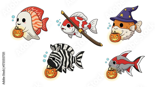 Aquatic Halloween Gathering: Five charming aquatic creatures, each uniquely costumed for Halloween, playfully present illuminated jack-o'-lanterns against a clean backdrop.