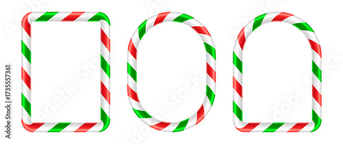 Set of frames with a realistic, glossy candy cane stripe pattern. This festive collection of red, green, and white holiday borders includes a rectangle, an oval, and an arched frame