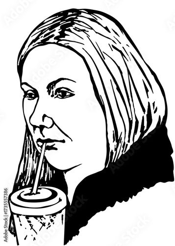 A young woman with long hair, wearing dark clothes, drinking coffee from a glass through a straw