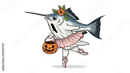 Halloween Fish Ballet: An whimsical illustrated artwork of a swordfish transformed into a charming ballerina costume with a ghost costume.