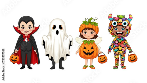 Halloween Costume Variety: A vibrant illustration showcases a group of kids dressed up in creative Halloween costumes. Featuring a vampire, ghost, pumpkin and candy monster.