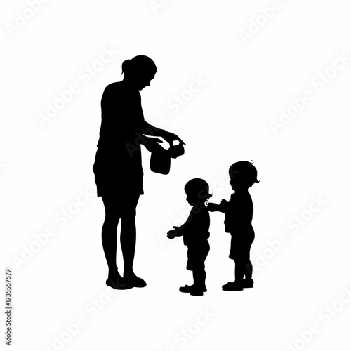 Silhouette of a caregiver distributing snacks to toddlers isolated on white background
