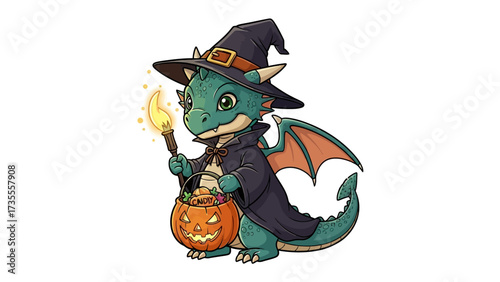 Enchanted Halloween Dragon: A charming cartoon dragon, dressed in a wizard's cloak and hat, carries a pumpkin treat-holder, embodying the spirit of Halloween with whimsy.