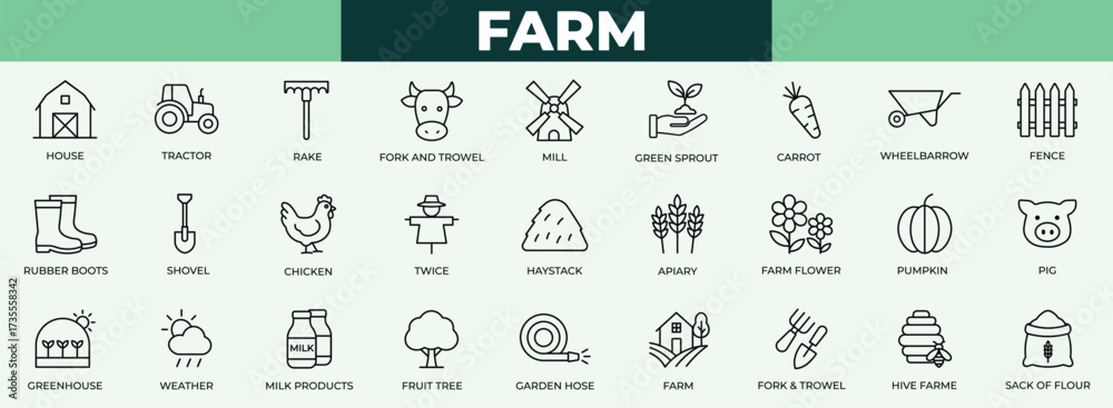 Naklejka premium Farm modern line icons set featuring crops, tools, research, chart, science, graph, innovation, sustainable, wellness, and agriculture elements for farming, and rural design projects.