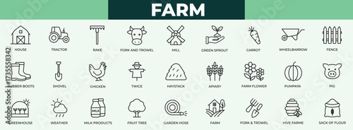 Farm modern icons set. icon, agriculture, chicken, collection, cow, farm, field, food, graden, greenhouse, mill, nature icon collection 